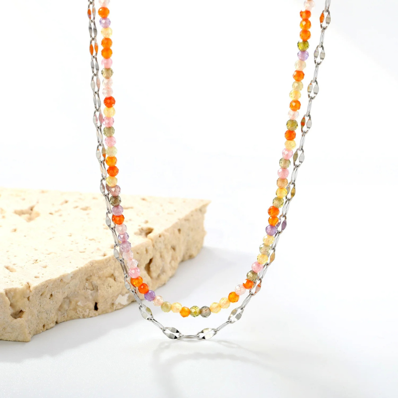 Double Collier Perles Colorées et Chaîne Fine Isabella