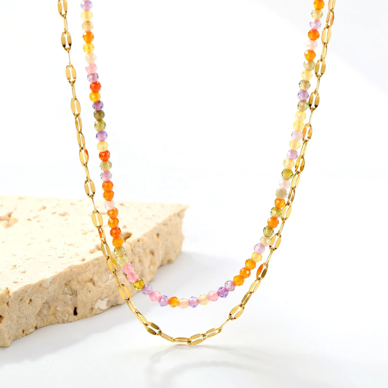 Double Collier Perles Colorées et Chaîne Fine Isabella