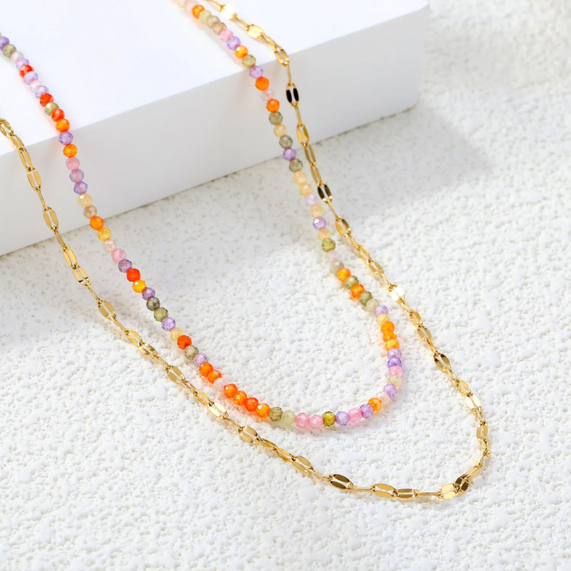 Double Collier Perles Colorées et Chaîne Fine Isabella