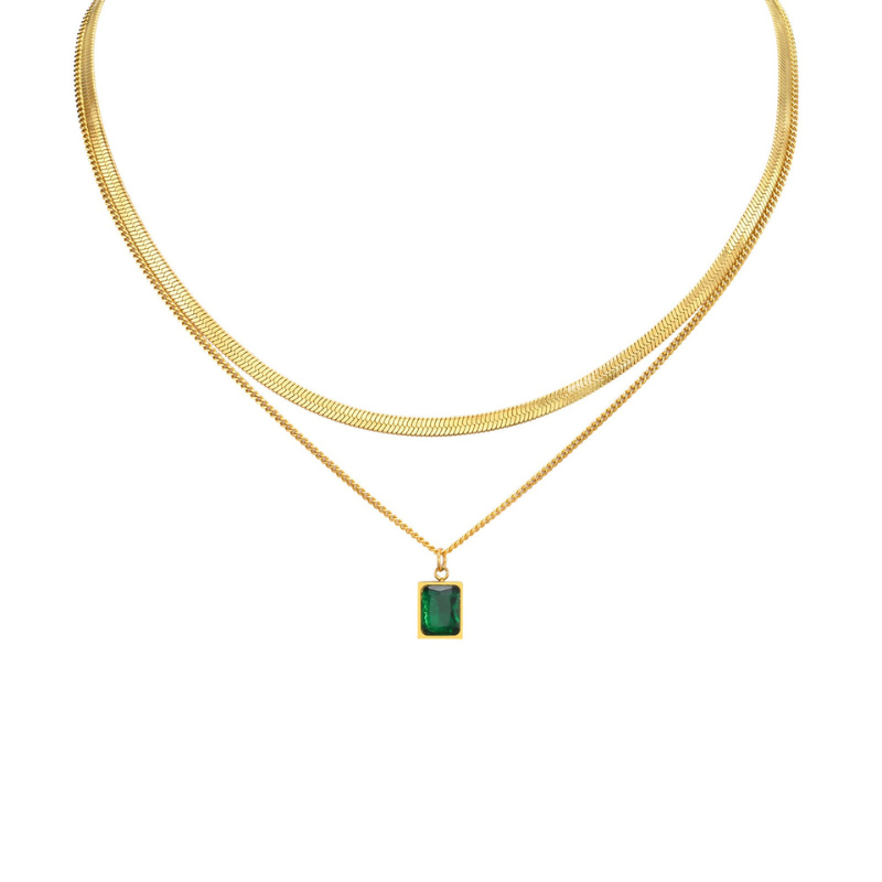Collier Double Chaîne Dorée Avec Pendentif Vert Alessia